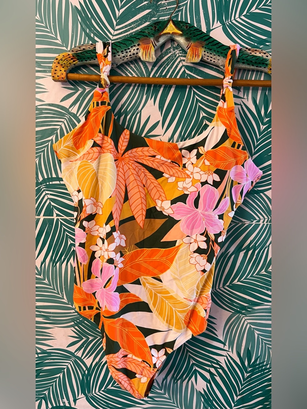 Aerie Knot One-Piece Swimsuit in Orange & Pink Tropical Print Sz L Nwot